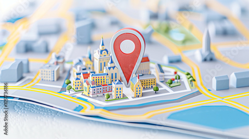 Map with location pin highlighting a city for navigation and travel planning in a detailed urban setting