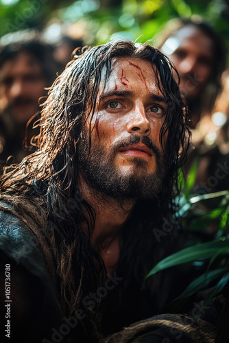 The rugged man with long hair and scratches on his face expresses emotion while surrounded by lush green foliage and a group of onlookers photo