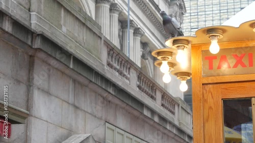 New York City, American Grand Central Terminal railway station building, 42 street. Manhattan Midtown. Yellow taxi kiosk, telephone call box with bulb lights on Pershing Square, NYC, USA. Pigeon bird.
