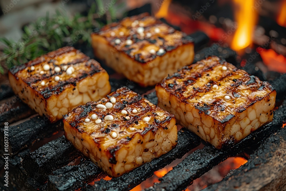 Grilled Tempeh with White Sesame Seeds and Glaze on a Charcoal Grill Grilled Tempeh with White Sesame Seeds and Glaze on a Charcoal Grill