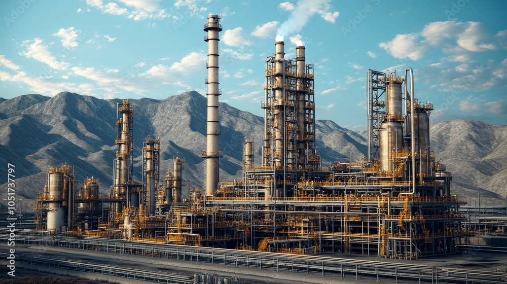 Fototapeta premium Mountains and Industrial Machines:A New Dawn for Industry.Concept: Balancing industrial progress with environmental responsibility through Carbon Capture, Utilization, and Storage (CCUS) technology.