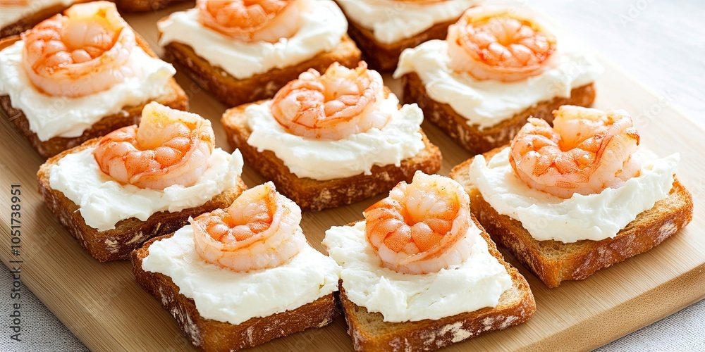 A close-up of shrimp canap?s with cream cheese on toasted bread. A close-up of shrimp canap?s with cream cheese on toasted bread.