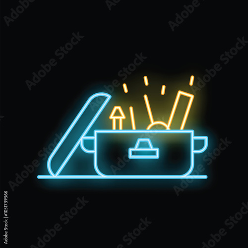 Glowing neon line cooking pot icon isolated on black background boil pan with vapor. Vector illustration