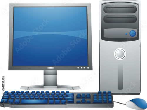 A sleek vector illustration of a desktop PC, featuring a modern computer setup with a monitor, keyboard, and tower. Ideal for technology, office, and digital workspace-themed designs.

