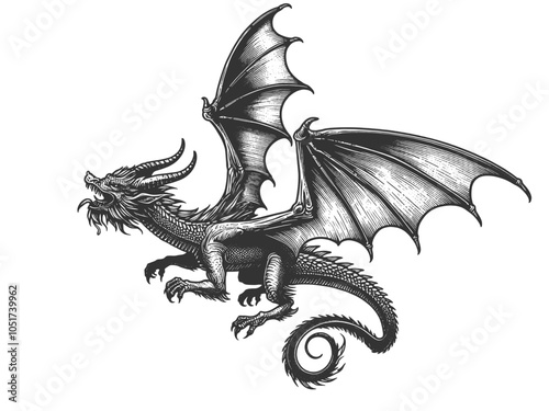 fierce dragon tattoo with detailed scales and wings, intricate line art sketch engraving generative ai fictional character vector illustration. Scratch board imitation. Black and white image.