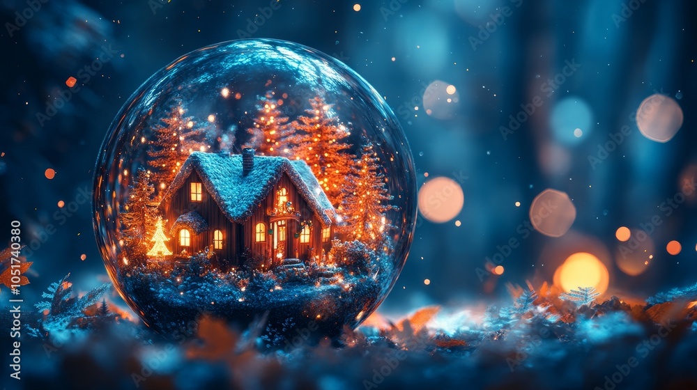 Magical Glass Ball Winter Wonderland:Cozy Cabin in a Snowy Globe.Concept of Christmas, New Year, Thanksgiving, autumn and winter holiday,cherished memories and traditions. Magical Glass Ball Winter Wonderland:Cozy Cabin in a Snowy Globe.Concept of Christmas, New Year, Thanksgiving, autumn and winter holiday,cherished memories and traditions.