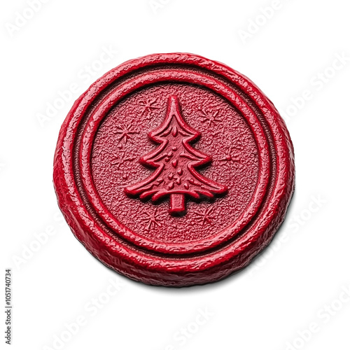 Red merry Christmas seal stamp with a christmas fir tree on it. Isolated on free png transparent background. photo