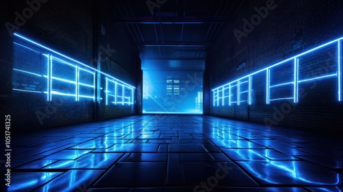 A blue neon light forms a striking shape on a brick wall, illuminating the area with a cool glow during the night.