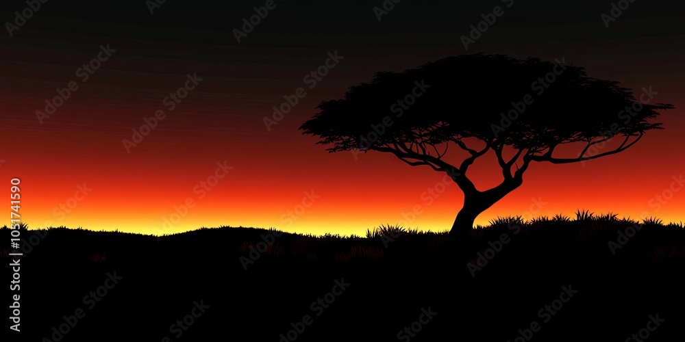 Fototapeta premium A single tree silhouetted against a dramatic sunset, creating a striking contrast between the dark tree and the vibrant sky.