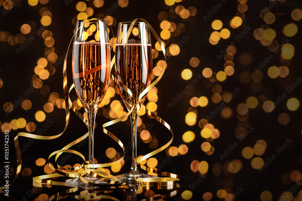 Two glasses with pink champagne, golden serpentine and bokeh on a black background