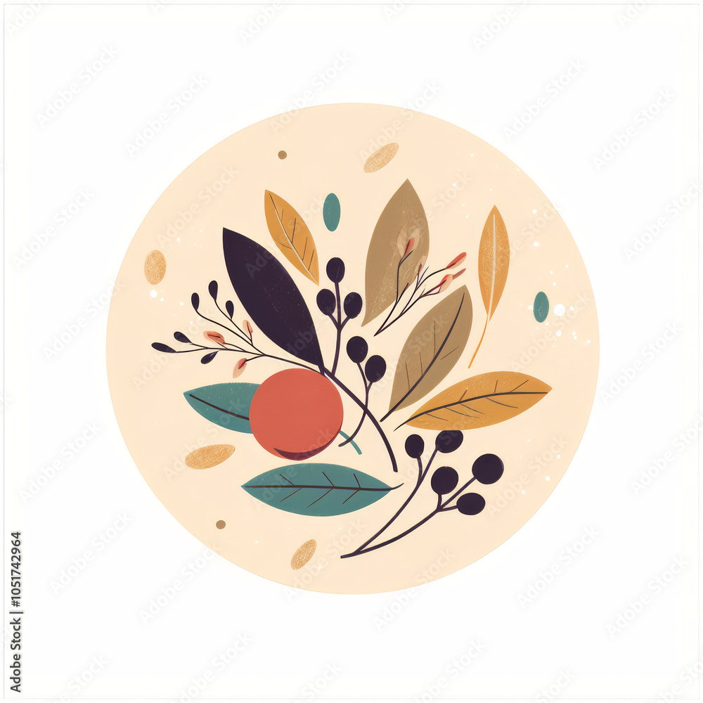 Abstract Botanical Illustration with Leaf and Fruit Motifs in Circular Design Abstract Botanical Illustration with Leaf and Fruit Motifs in Circular Design