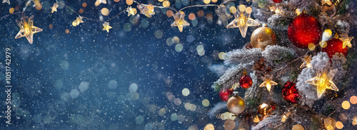 Obraz na płótnie Christmas tree with Christmas balls on the background of the night sky - decorations on fir branches with shiny and unfocused lights and snowflakes on an abstract background w salonie
