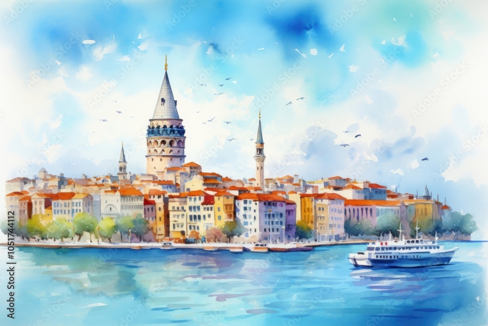 Fototapeta premium Tower architecture waterfront painting.