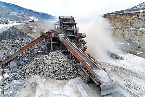 Industrial machinery processing materials in a quarry. photo