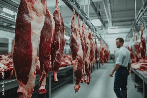 Butcher hanging carcasses of beef in a meat processing facility.