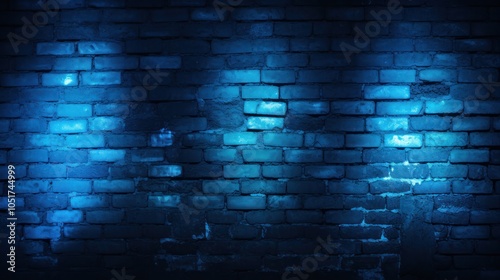 A blue neon light forms a striking shape on a brick wall, illuminating the area with a cool glow during the night.