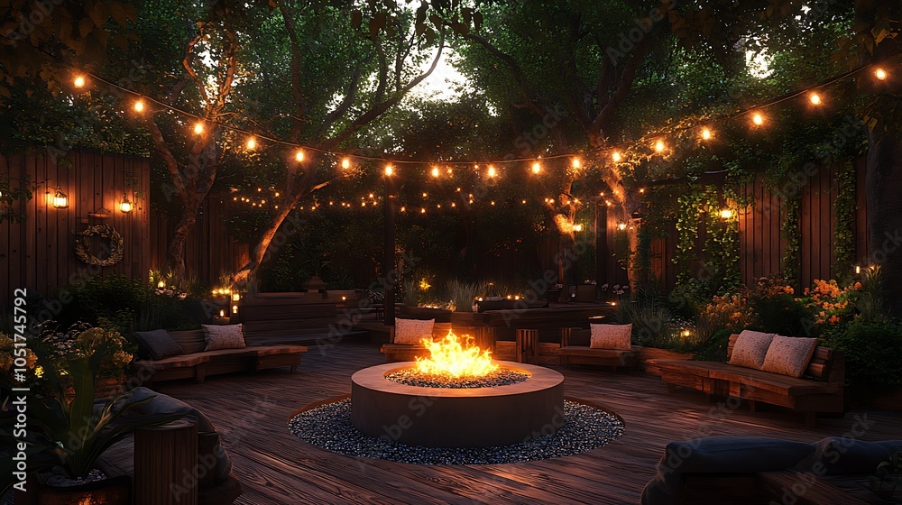 Firepit on a rustic patio, string lights hanging above, flames dancing and casting shadows on the surrounding wood, outdoor seating arranged in a circle, Firepit on a rustic patio, string lights hanging above, flames dancing and casting shadows on the surrounding wood, outdoor seating arranged in a circle,