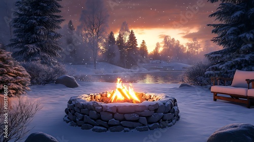 Firepit on a snowy evening, surrounded by fresh snow and pine trees, flames creating a warm contrast with the cold surroundings, steam rising from the heat, wintery atmosphere with a cozy vibe. photo