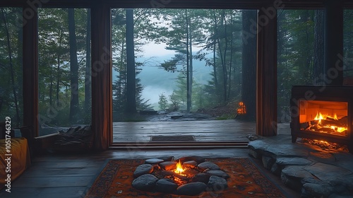 Firepit outside a cabin, visible through an open window, flames casting a gentle glow inside the rustic interior, the wooden floor and stone fireplace adding to the cozy atmosphere, photo
