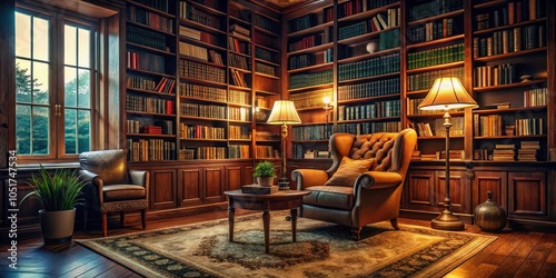 Cozy Home Library with Floor-to-Ceiling Bookshelves, Warm Reading Lamp, and Comfortable Armchair for Relaxing Evenings photo