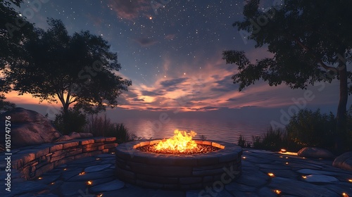 Firepit with glowing embers and dancing flames, the night sky filled with stars, warm light reflecting on the ground, the peaceful ambiance enhanced by the crackling fire, photo