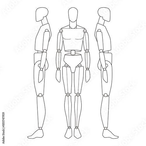Three-view line drawing of a mannequin figure showing front and side profiles, minimalistic style

