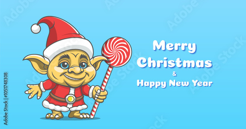 Vector holiday card or flyer. Funny cartoon cute smiling gnome, troll, goblin or gremlin with sweet candy, in costume of Santa Claus. Merry Christmas and Happy New Year. Blue light background.