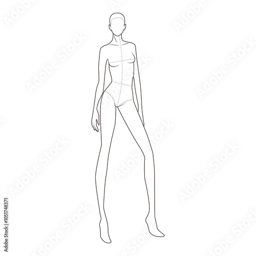 Minimalistic three-quarter view line drawing of a female fashion figure in a standing pose

