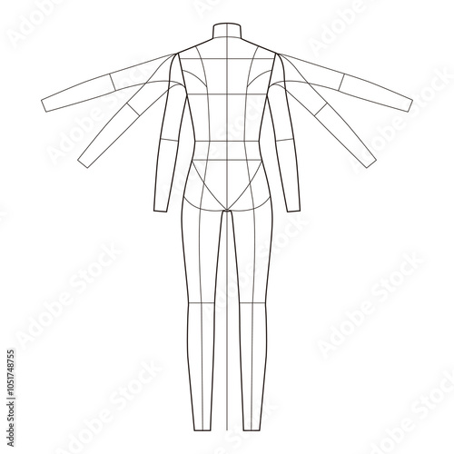 Back view of a female mannequin with multiple arm positions, proportional guidelines, minimalistic line art

