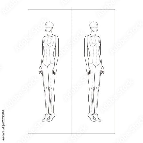 Angled front and side view technical flat of a female mannequin with detailed body construction lines, minimalist outline style.
