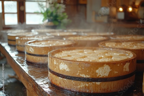 Wooden Buckets Filled with White Rounds in a Workshop photo