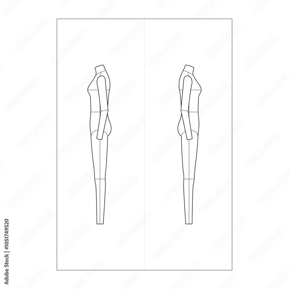 Side view technical flat of a jumpsuit outline, displaying structure and silhouette with seam details.
Side view technical flat of a jumpsuit outline, displaying structure and silhouette with seam details.