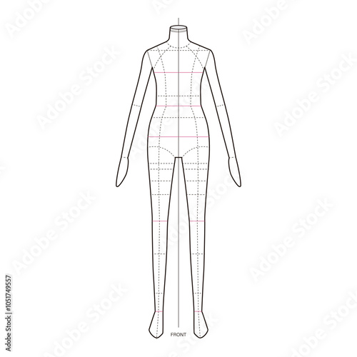 Full front view technical flat of jumpsuit template, featuring precise panel and seam details in a grid format.
