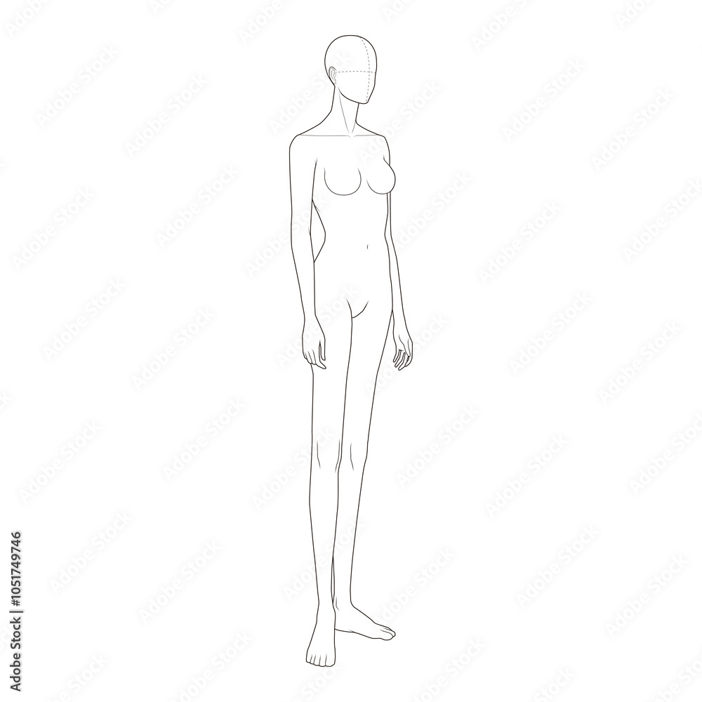 Alternate three-quarter view of a female fashion figure outline, used for garment technical sketches and design templates.
Alternate three-quarter view of a female fashion figure outline, used for garment technical sketches and design templates.