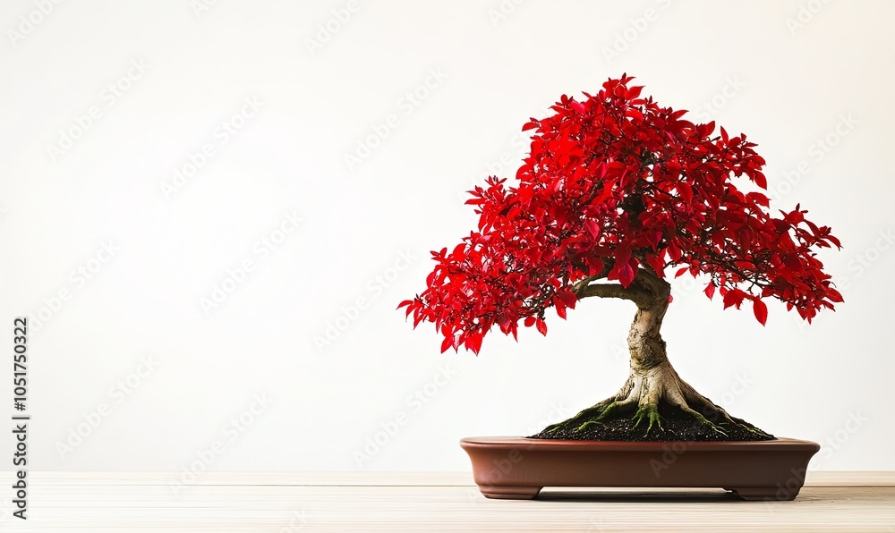 Naklejka premium Red bonsai tree in a pot on a white background.