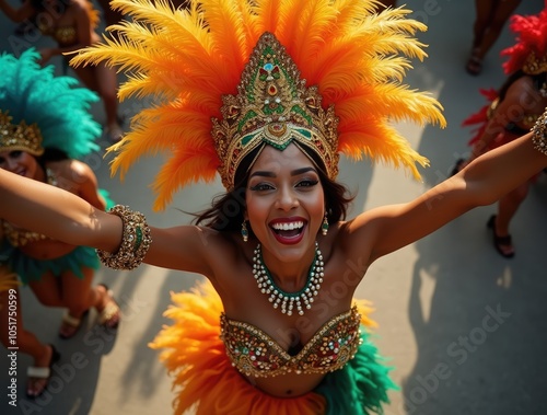 Feathers and Rhythm: A Top-View Celebration of Brazilian Samba Queen in Full Carnival Splendor, Embodying Sensuality and Passion