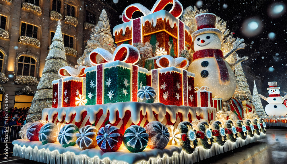 Fototapeta premium Snow-Covered Christmas Parade Float with Vibrant Ornaments