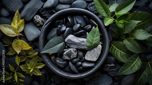 An overhead shot of black charcoal pieces placed artistically in a small bowl, surrounded by natural elements like leaves and stones, photo