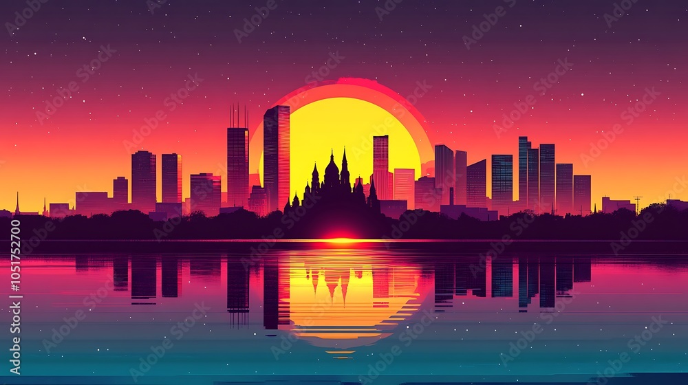Fototapeta premium Flat illustration of Moscow's St. Basil's Cathedral silhouette, set against a dusk sky filled with bold hues of blue, violet, and crimson,