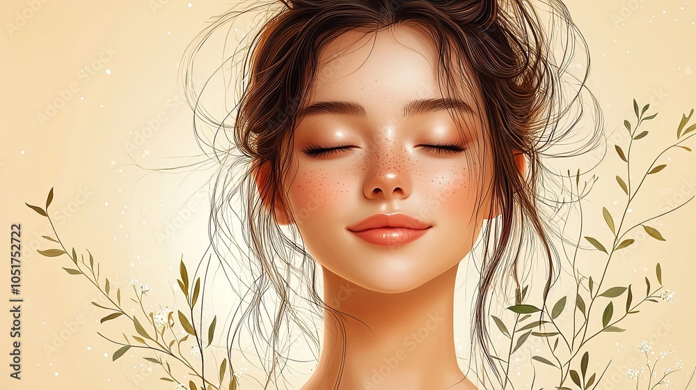 A tranquil image showcasing a young woman with closed eyes, surrounded by delicate foliage in soft hues.