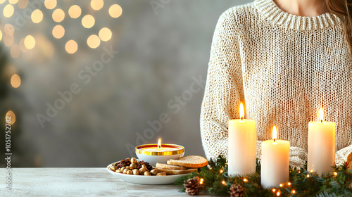 A cozy winter scene featuring a person in a knitted sweater beside candles, a plate of treats, and blurred festive lights in the background. photo