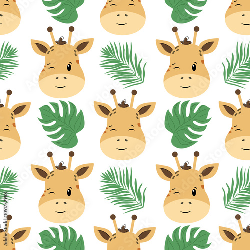 Muzzle of giraffe hand drawn background. Safari children’s seamless pattern for baby textile, cards, covers, wallpapers and baby design, clothes