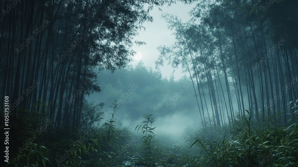 Fototapeta premium A misty morning in a bamboo forest.