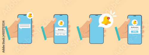 Hand holding smartphone with reminder message in a flat design