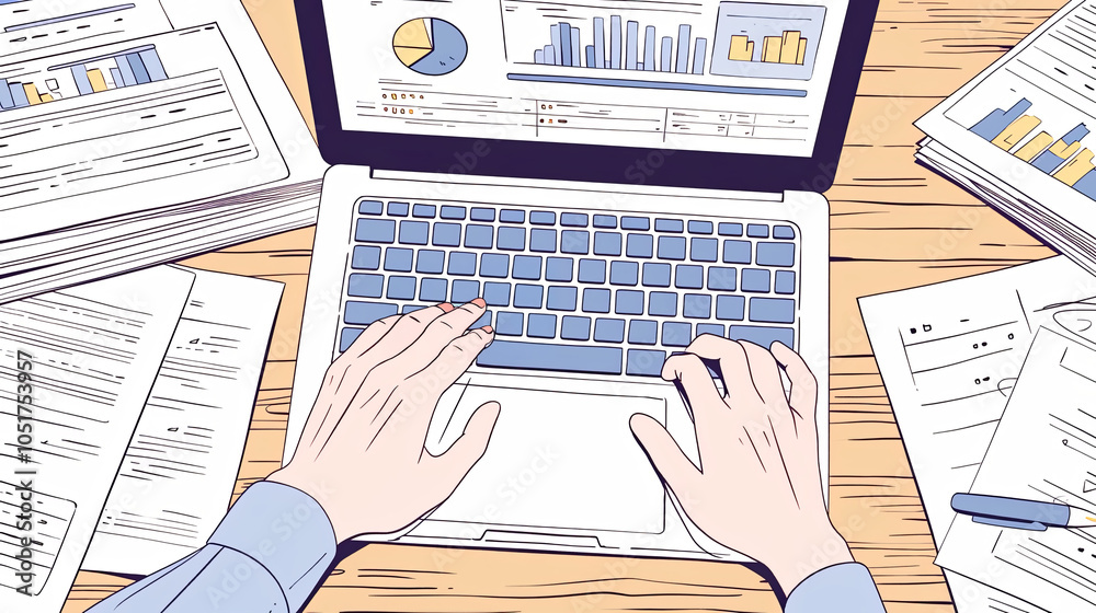 Obraz premium An illustration shows hands typing on a laptop with graphs, representing work productivity and analytical tasks.