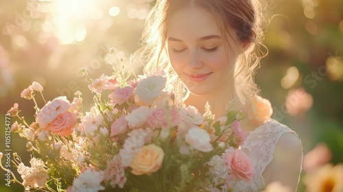 Woman holding a bouquet of flowers in a sunlit garden. photo