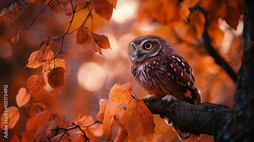 Owl on Tree with Fall Leaves photo