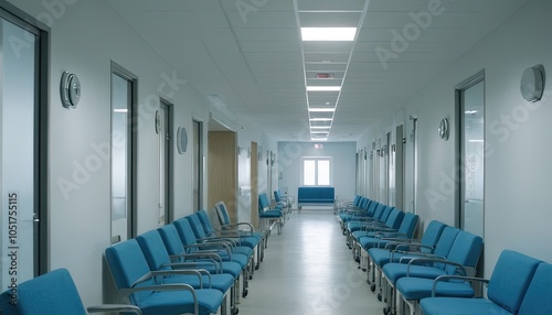 Long hospital bright corridor with rooms and seats nice 3D rendering 11 