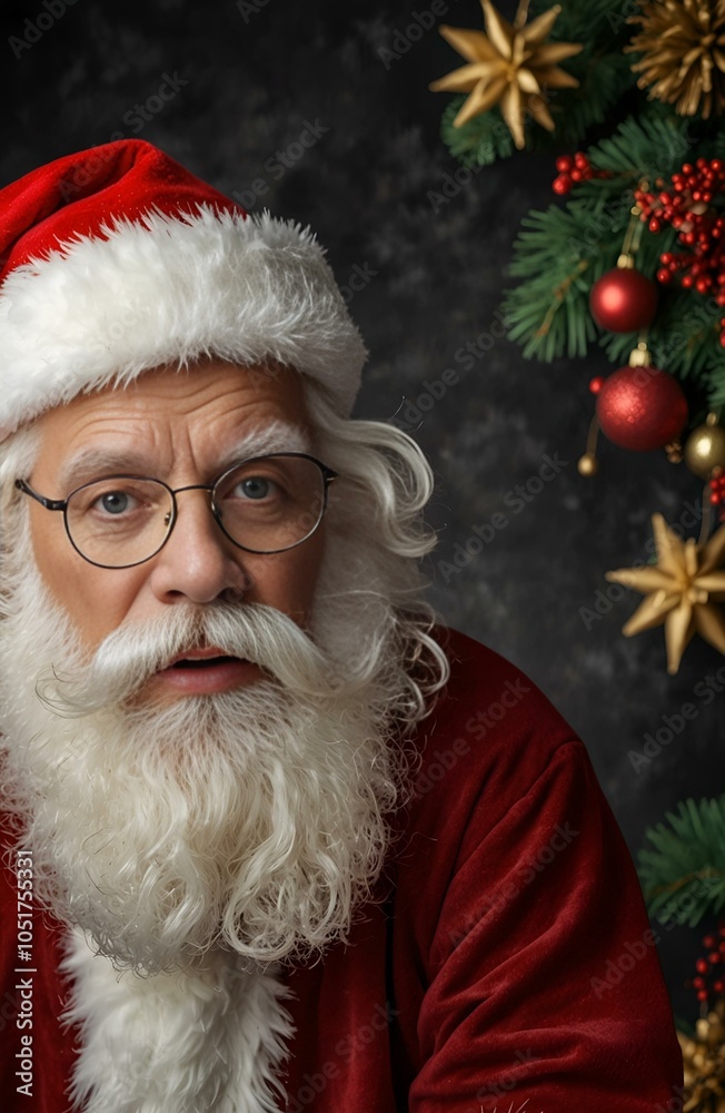 Santa Claus portrait with glasses and holiday decorations, festive mood Santa Claus portrait with glasses and holiday decorations, festive mood