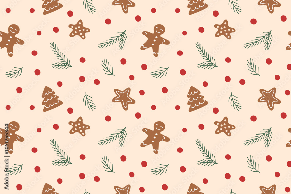 Christmas seamless pattern of Christmas gingerbreads and Christmas branches. Christmas background. Christmas ornaments.